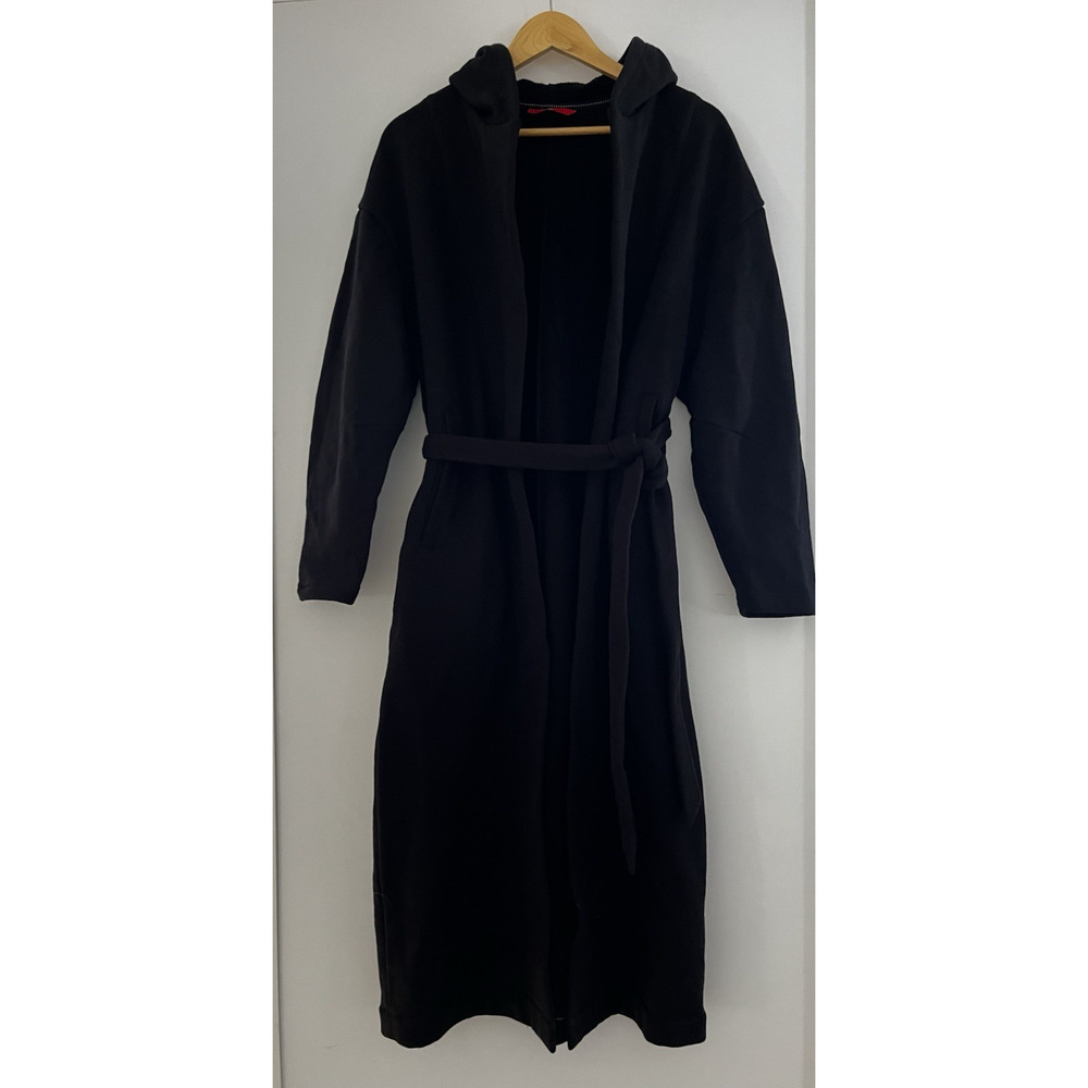 American Giant Women's Fleece Long Coat M/L Black Midweight Cotton Hooded Comfy